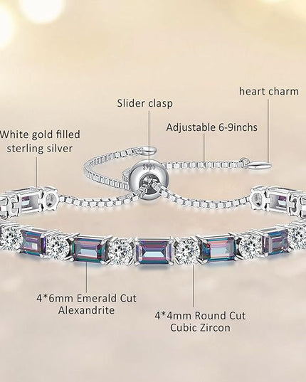Birthstone Tennis Bracelets for Women White Gold Sterling Silver Gemstone Bracelets Adjustable Chain 6-9 Inchs Jewelry Anniversary Birthday Gifts for Women Mom Wife Her