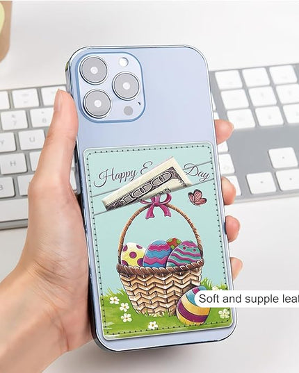 Phone Card Holder, Dual Pocket Leather Wallet Adhesive Stick On, Cute Credit Card Holder for Smartphones Case Compatible with Most Phone（Colored eggs）