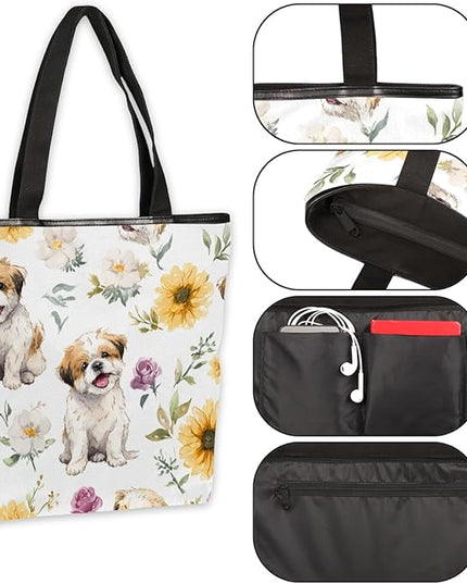 Pardick Canvas Tote Bags, Cute Dog Flower Tote Bag Eco Friendly Reusable Grocery Shopping Bagsfor Beach, Books, Women with Zipper Inner Pocket