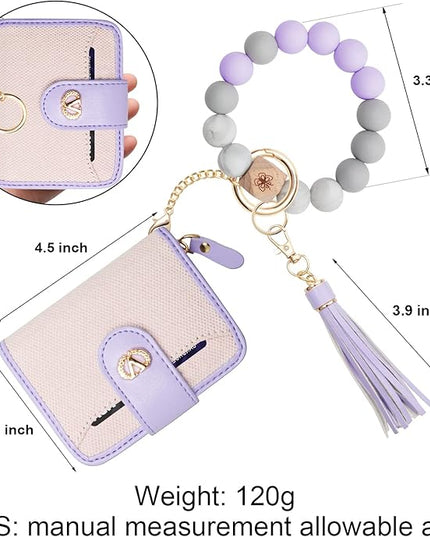 Multi-Purpose Wallet High Capacity Card Holder Zipper Coin Purse with Wristlet Bracelet Keychain Silicone Beaded Bangle Key Ring