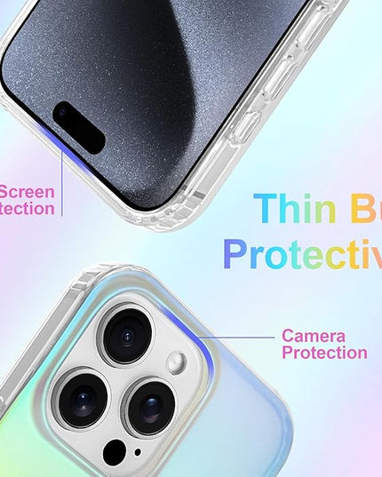 Cute Case for iPhone 15 Pro Case for Women Girls [Compatible with Magsafe] Aesthetic Girly Glitter Bling Rainbow Magnetic Protective Phone Cover, Translucent Iridescent Blue & Pink