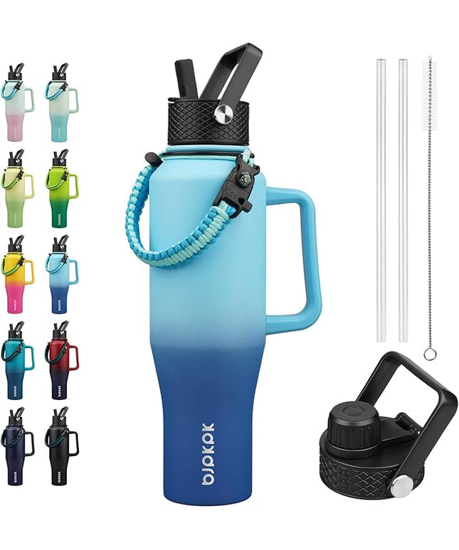 BJPKPK Insulated Water Bottles with Straw Lid, 40oz Metal Water Bottle with 2 lids & Paracord Strap, Double Wall Stainless Steel Tumbler with Handle, Reusable Cups, Mugs, Thermo, Sky