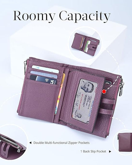 Bveyzi Small Soft Leather Wallet for Women RFID Blocking Ladies Card Holder with Double Zipper Pocket