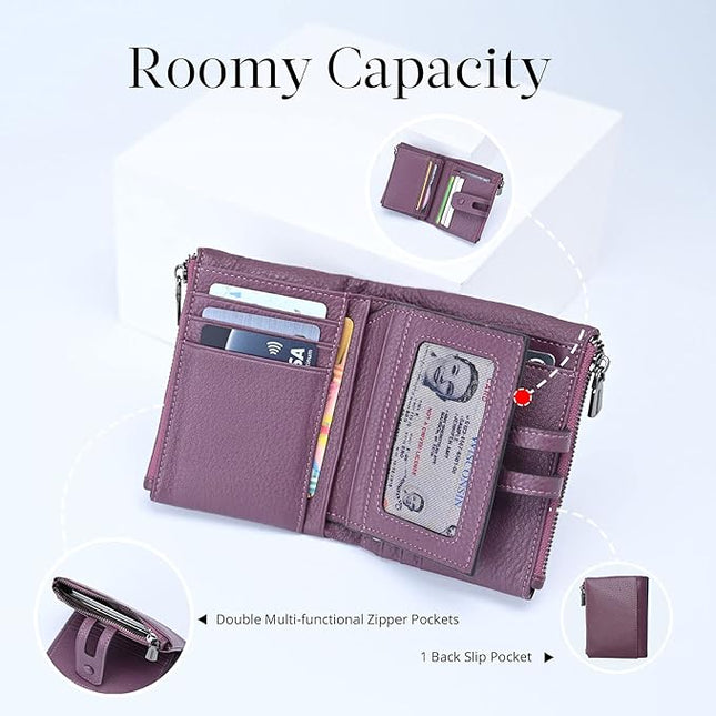 Bveyzi Small Soft Leather Wallet for Women RFID Blocking Ladies Card Holder with Double Zipper Pocket