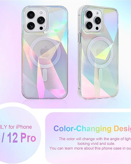 Cute Case for iPhone 12 & 12 Pro Case for Women Girls [ Compatible with Magsafe ] Clear Glitter Girly Aesthetic Rainbow Sparkly Bling Magnetic Phone Cover, Iridescent Geometry