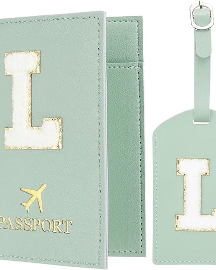 PATIKIL Passport Holder for Travel, Initial Passport Cover and Luggage Tag Set with Alphabet Chenille Letter Patch Travel Wallet Bag Suitcase Identifier for Women Family Travel Green L
