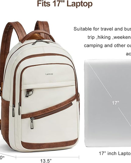 43L Backpack for Women Men - Vegan Leather Backpack Purse Travel Carry-on Bag College Bookbag Work fits 17" Laptop, Beige
