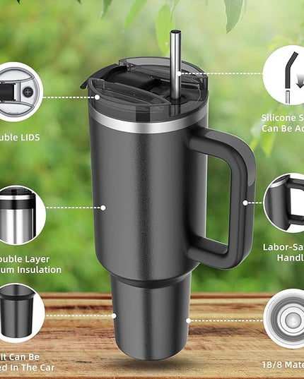 40 oz tumbler with handle and straw,Double Wall Vacuum Reusable Stainless Steel Insulated Water Bottle,With Leak Proof lid and Straw for Iced or Cold Beverages (Black)