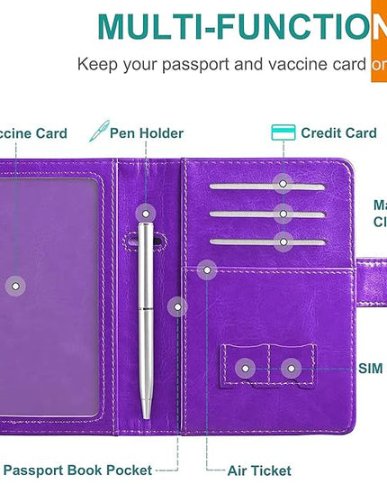 RSAquar Unisex Faux Leather Passport and Vaccine Card Holder Combo, Purple, Slim and Lightweight with RFID Blocking Technology