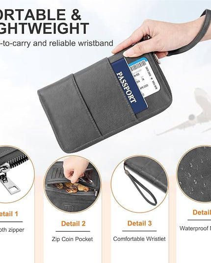 Family Passport Holder Wallet with Zipper, RFID Blocking Travel Document Organizer, PU Leather Passport Wallet for Women Men, Passport Cover Travel Wallet for Boarding Pass, ID, Money, Tickets