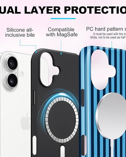 Magnetic for iPhone 17 Case Cute Stripes Phone Case, Shockproof Slim TPU and Hard PC Protective Phone Cover Compatible with MagSafe Designed for Women Girls, Lake Blue