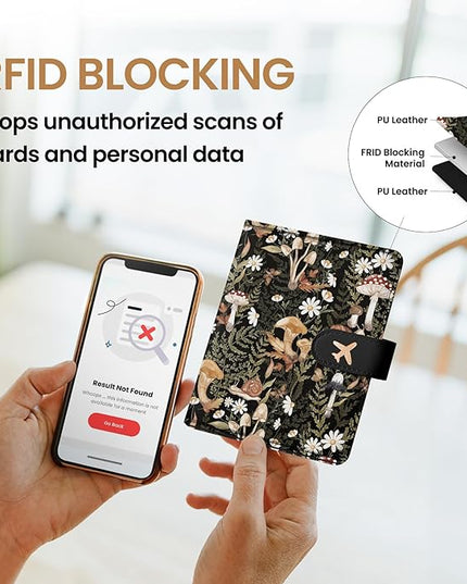 Passport Holder for Travel Essentials, RFID Blocking Leather Cover Wallet with Magnetic Closure, Aesthetic & Cute Passport Book Case for Women and Men - Mushroom