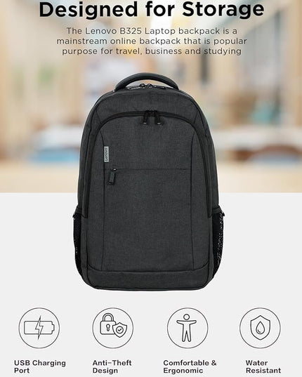 Lenovo B325 Laptop Backpack 35L – Anti-Theft, Water-Resistant, USB Charging Port, Fits 16-Inch Laptops, 2 Compartments, Luggage Strap, Travel Backpack for Work, School, Men & Women, Black
