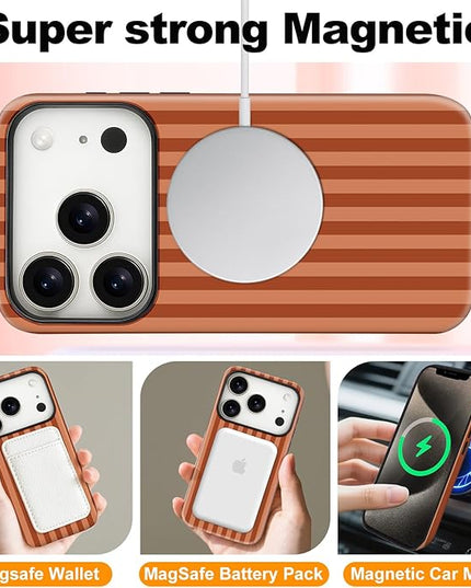 Magnetic for iPhone 17 Pro Case Cute Stripes Phone Case, Shockproof Slim TPU and Hard PC Protective Phone Cover Compatible with MagSafe Designed for Women Girls, Deep Brown