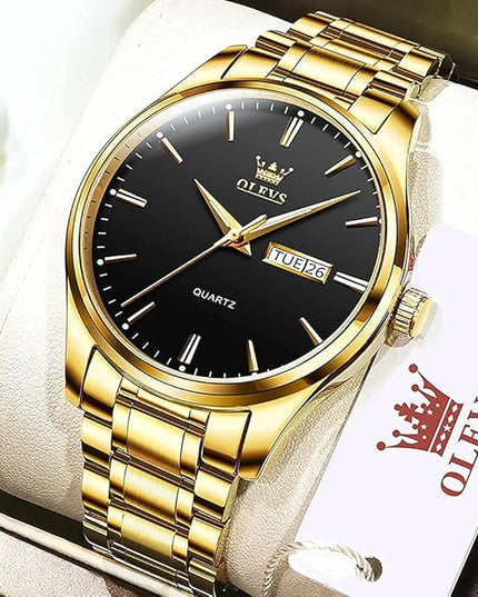 OLEVS Men's Luxury Watch Waterproof Luminous Easy Read Chronograph Watches Full Gold/White Dail/Black Face with Calendar Wristwatch