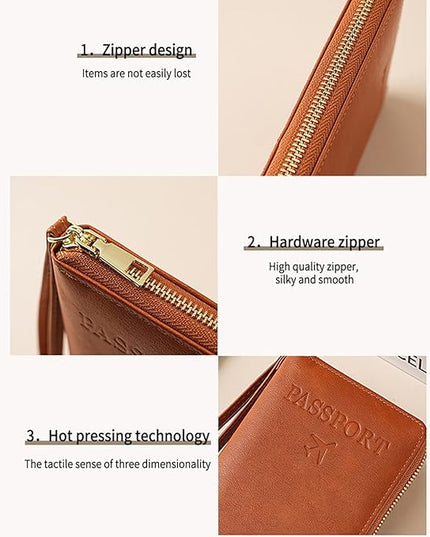Multi-Functional RFID Passport Wallet Set, Blocking Passport Holder Travel Wallet, Holds Phones, Anti-Theft Protective Case with Multiple Card Pockets for Secure Travel Essentials (Brown)