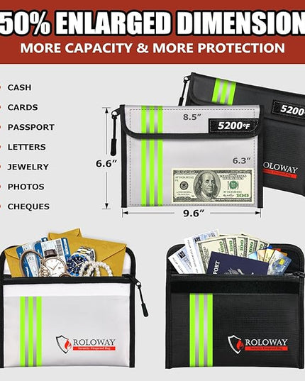 ROLOWAY Fireproof Bag (9.6 x 6.6 inches) 5200℉ Heat Insulated with Reflective Strip, Fireproof Money Bag with Zipper for Cash (2-Pack)