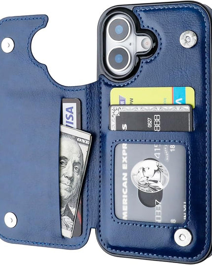 ONETOP Compatible with iPhone 17 Wallet Case with Card Holder, PU Leather Kickstand Card Slots Case, Double Magnetic Clasp and Durable Shockproof Cover 6.3 Inch (Blue)