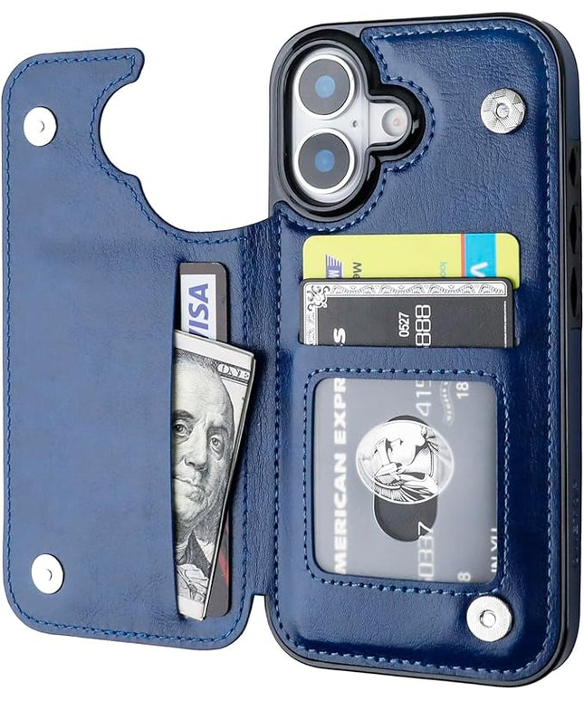 ONETOP Compatible with iPhone 17 Wallet Case with Card Holder, PU Leather Kickstand Card Slots Case, Double Magnetic Clasp and Durable Shockproof Cover 6.3 Inch (Blue)