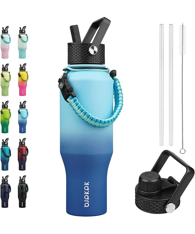 BJPKPK Insulated Water Bottles with Straw Lid, 35oz Metal Water Bottle with 2 lids & Paracord Strap, Double Wall Stainless Steel Vacuum Tumblers, Cups, Mugs, Thermo for Hot& Cold Drinks, Sky
