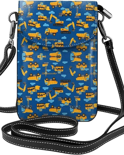 Women Ladies Girls Roomy Pockets Cell Phone Shoulder Bag Crossbody Bag Credit Card Stash Money Carrier, Water Resistant, Yoga Riding Bag, Construction Bulldozer Excavator Navy Blue
