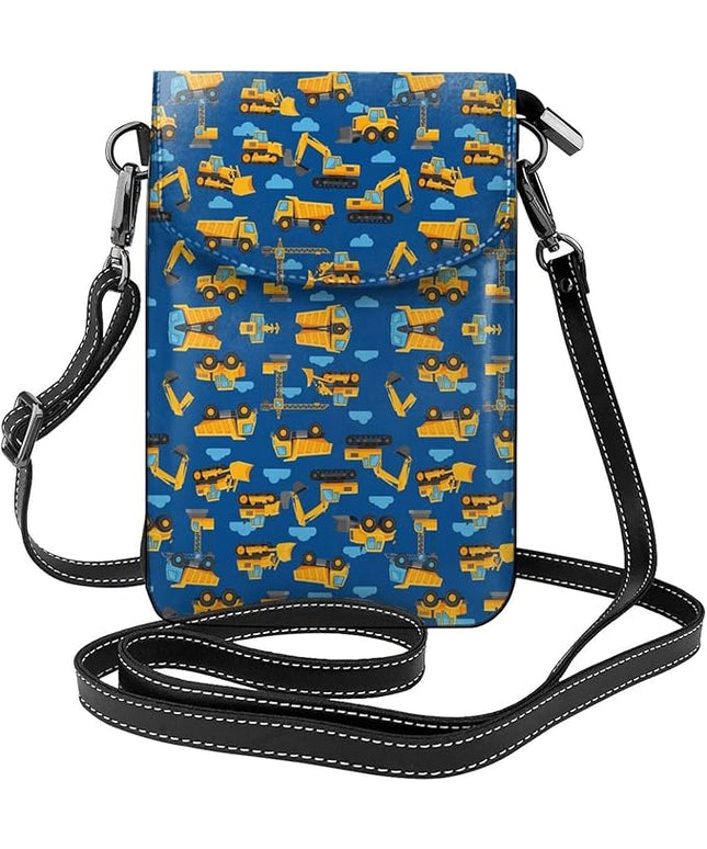 Women Ladies Girls Roomy Pockets Cell Phone Shoulder Bag Crossbody Bag Credit Card Stash Money Carrier, Water Resistant, Yoga Riding Bag, Construction Bulldozer Excavator Navy Blue