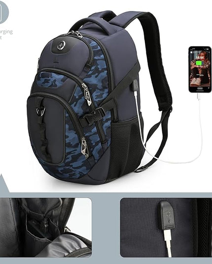 Swissdigital Design Laptop Backpack with USB Charging Port, Travel Backpack Fits 15.6 inches Computer, 31L College School Backpack for Men, Blue Camo | SD803-92
