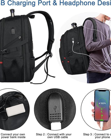 Z-MGKISS Extra Large Travel Backpack, 52L TSA Backpack 17.3 Inch, Anti-Theft 17 Inch Big Business Laptop Backpack for Men & Women, Water Resistant College Rucksack Bag with USB Port, Black