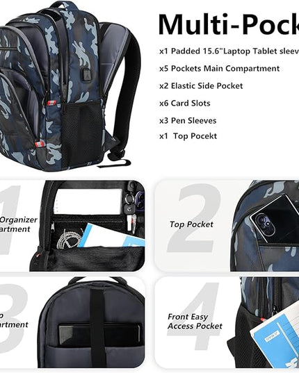 Laptop Backpack for Men,School Backpack with USB Charging Port,Water Resistant Backpack for teens boys,Business Work College bookbag,book bag Fits 15.6 Inch,Blue Back Pack