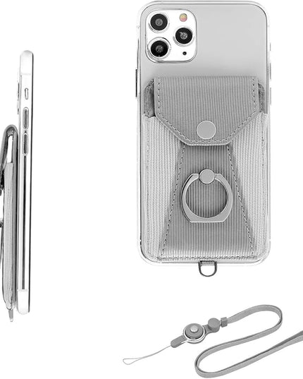 Cell Phone Case, Grey - Slim Wallet with Card Slot, 360 Degree Rotation Ring Stand & Neck Strap, Adhesive Stick-on Credit Card Holder
