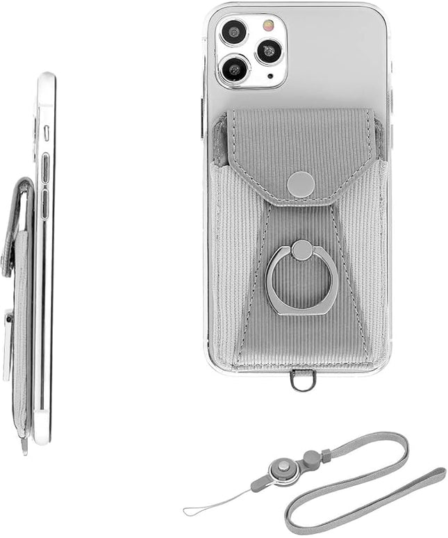 Cell Phone Case, Grey - Slim Wallet with Card Slot, 360 Degree Rotation Ring Stand & Neck Strap, Adhesive Stick-on Credit Card Holder