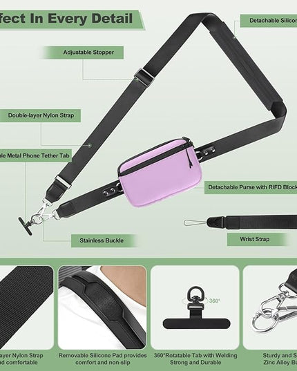 Clip and Go Strap for Phone with Wallet Crossbody, Adjustable Phone Lanyard with Detachable RFID Wristlet Wallet & Ultra-Thin 360° Rotatable Metal Tabs for All Smartphones (Purple)
