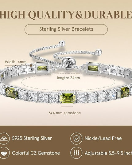 FANCIME Birthstone Bracelet for Women, Sterling Silver 4x6mm Gemstone Tennis Bracelet Bolo Adjustable Chain Fine Jewelry Birthday Gifts for Women Mom Wife Her
