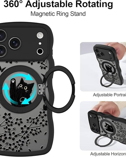 Wavy Case for iPhone 17 Pro Max Case with Stand [Compatible with MagSafe] Cute Black Cat & Floral & Butterflies Pattern Design, Kawaii 360 Magnetic Ring Kickstand Phone Cover for Women Girls