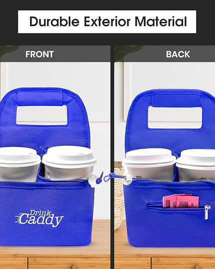Drink Caddy Portable Drink Carrier and Reusable Coffee Cup Holder - 4 Cup Collapsible Tote Bag with Organizer Pockets Safely Secures Hot and Cold Beverages (Blue)