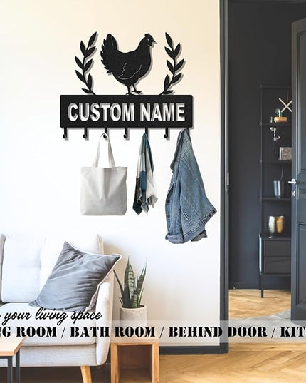 LOWACOS Personalized Key Holder for Wall, Custom Metal Chicken Key Hooks with Name, Meta Jacket Holder Hooks Organizer Rack, Jacket Hanger Decor for Kitchen, Entryway, Hallway, Office, Doorway