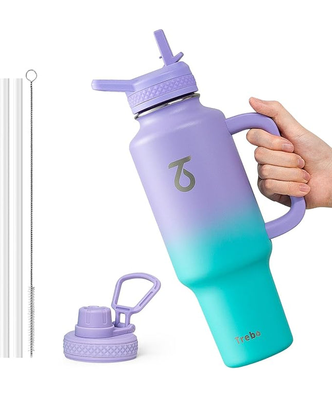 Trebo 40 oz Water Bottle Insulated Fit Car Cup Holder with Handle, Stainless Steel Water Bottles Tumbler with Spout Straw Lids, Double Wall Travel Reusable Flask, Leakproof Mug,Keep Cold &Hot,Purple