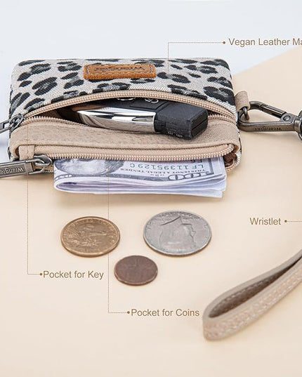 Montana West Wrangler Small Wallet for Women Leopard Print Wristlet Wallets Mini Change Pouch Beige