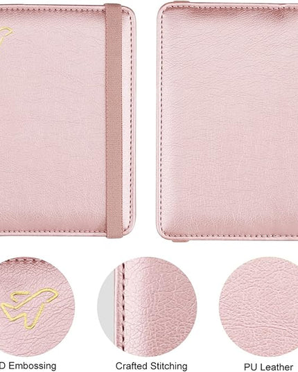 WALNEW Passport Holder for Travel, RFID Passport Cover Wallet for Women Men, PU Leather Passport Book Card Holder Case with Pen (Elastic Band Closure, C-Rosegold)