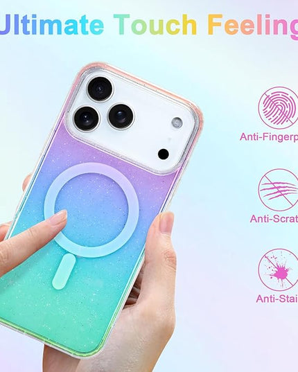 Glitter Case for iPhone 17 Pro Case for Women Girls [ Compatible with Magsafe ] Clear Cute Girly Aesthetic Gradient Rainbow Sparkly Bling Magnetic Phone Cover, Iridescent Colors