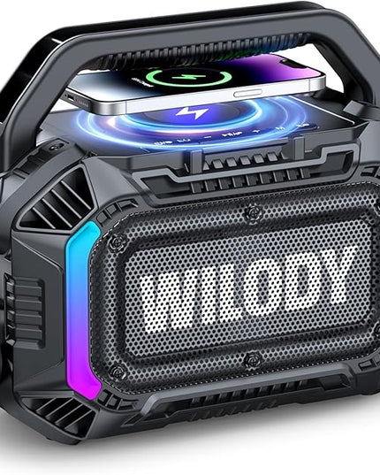Wilody Speakers Bluetooth Wireless, 100W Loud Outdoor Speaker with Bass, IPX7 Waterproof Floatable, 20H Playtime, Wireless Charge, TWS, RGB Light, Portable Speaker for Work, Garage, Outdoor (Black)