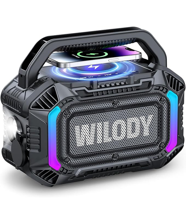 Wilody Speakers Bluetooth Wireless, 100W Loud Outdoor Speaker with Bass, IPX7 Waterproof Floatable, 20H Playtime, Wireless Charge, TWS, RGB Light, Portable Speaker for Work, Garage, Outdoor (Black)