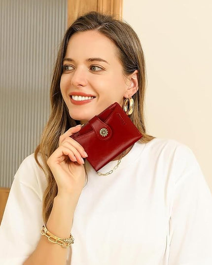 Blucoay Womens Wallet,RFID Blocking Wallet Women Soft Leather Bifold Wallets For Women Card Holder With Removable ID Window winered