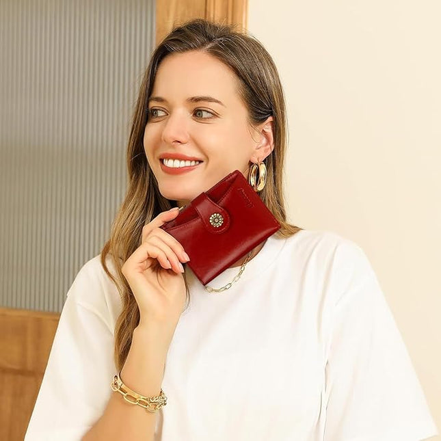 Blucoay Womens Wallet,RFID Blocking Wallet Women Soft Leather Bifold Wallets For Women Card Holder With Removable ID Window winered