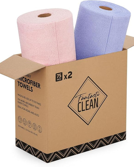 Fantasticlean Microfiber Cleaning Cloth Roll -150 Pack, Tear Away Microfiber Towels, 12" x 12", Reusable, Washable, Ultra Absorbent Dishcloth for All-Around Cleaning Supplies (Pink & Lavender)