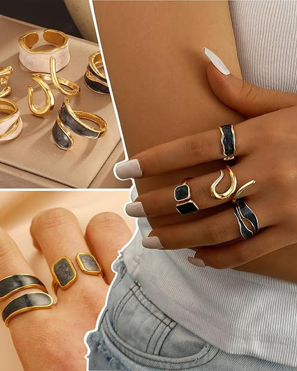 KISS WIFE Goldenen Silvery Black Kunckle Rings Set for Women, Dainty Simple Trendy Cute Stackable Finger Rings Pack, Perfect for Stacking Layering on Thumb and Knuckle, Mixed Size, Jewelry Gift