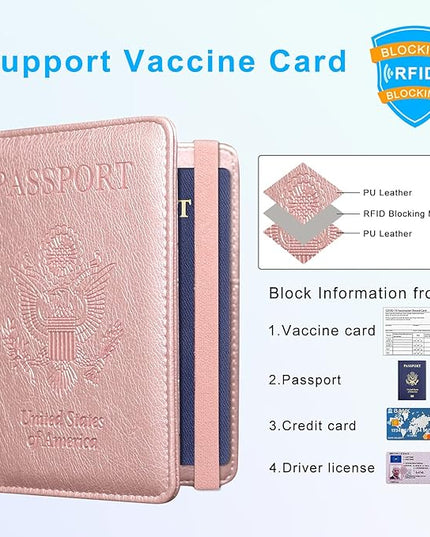 ACdream Passport and Vaccine Card Holder Combo, Cover Case with CDC Vaccination Card Slot, Leather Travel Documents Organizer Protector, with RFID Blocking, for Women and Men, AA-Rose Gold, Compact