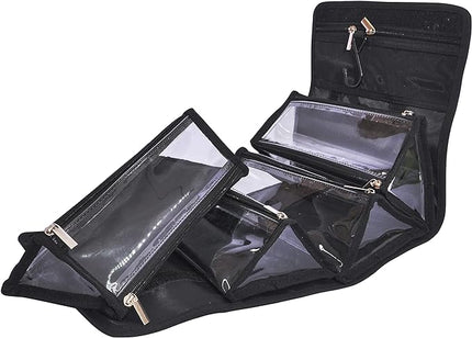 Large Capacity Hanging Eco Polyester Travel Toiletry Bag Makeup Cosmetic Bag 4-in-1 Roll-Up Make Up Storage Organizer With 4 detachable Removable Zipper Clear TPU Pouches & Hook