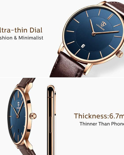 L LAVAREDO Watch for Men, Extremely Thin Mens Watches Minimalist Analog Men's Leather Wrist Watches with Time/Date, Birthday Gift for Men Boyfriend