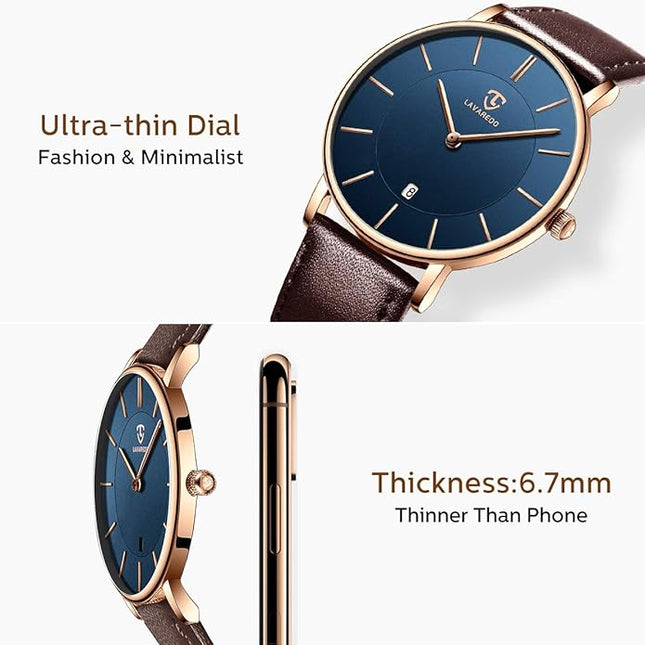 L LAVAREDO Watch for Men, Extremely Thin Mens Watches Minimalist Analog Men's Leather Wrist Watches with Time/Date, Birthday Gift for Men Boyfriend